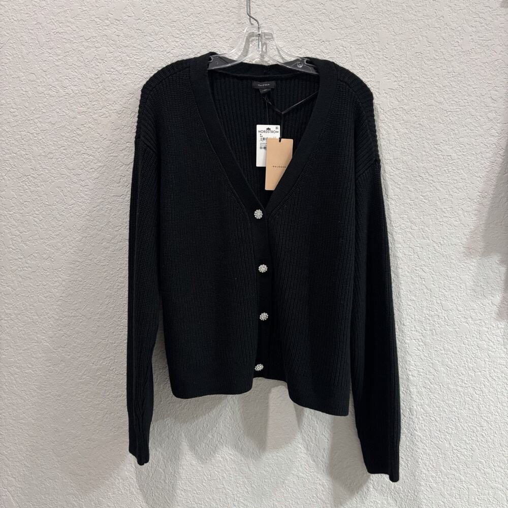 Halogen M Black Waffle Knit Cardigan Rhinestone Button Nordstrom Sweater